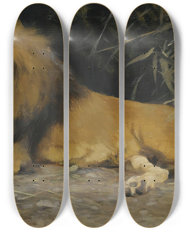 Triptych art skateboard deck of Wilhelm Kuhnert Lion In His Den by Wilhelm Kuhnert (1865-1926)
