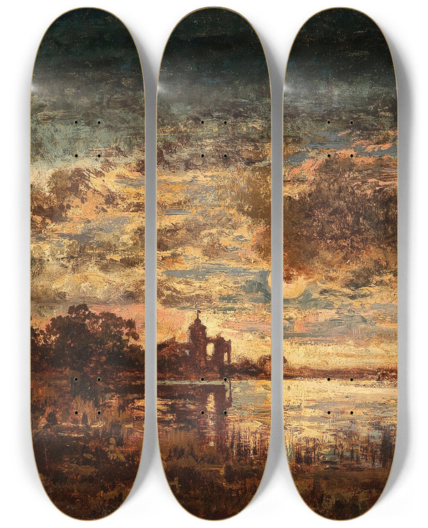 Triptych art skateboard deck of Anton Waldhauser Abendliche Seenlandschaft Im Mondlicht by Anton Waldhauser (1835-1913)
