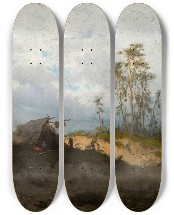 Triptych art skateboard deck of Zygmunt Sidorowicz Gipsy Tents by Zygmunt Sidorowicz (1846-1881)