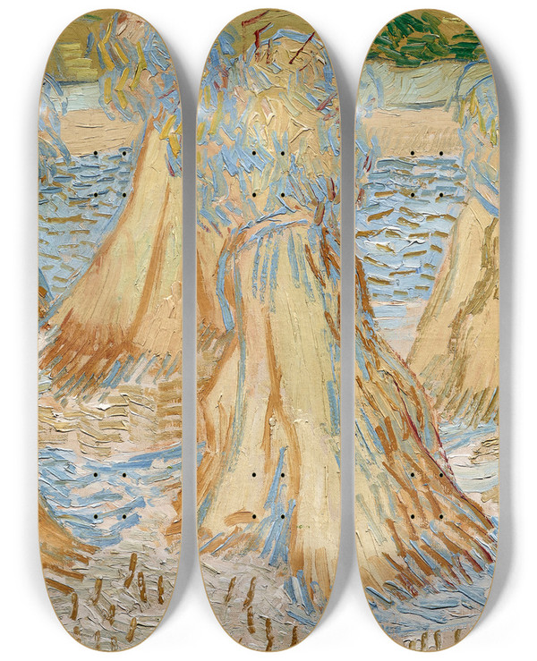 Triptych art skateboard deck of Vincent Van Gogh Sheaves Of Wheat by Vincent van Gogh (1853-1890)