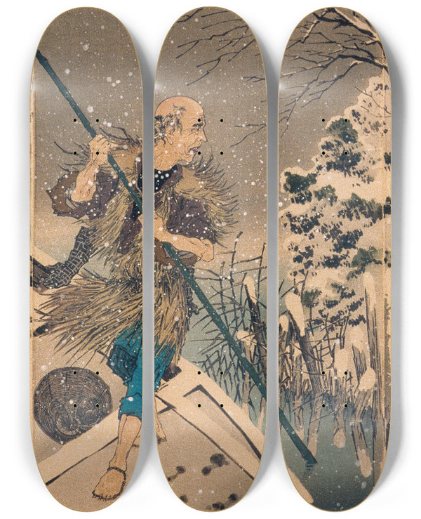Triptych art skateboard deck of Kobayashi Kiyochika Shgo Ferry Landing by Kobayashi Kiyochika (1847-1915)
