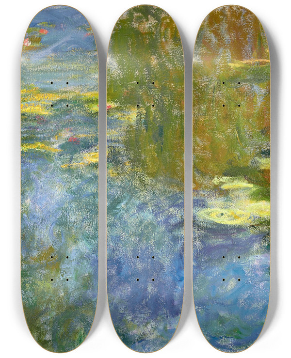 Triptych art skateboard deck of Claude Monet Le Bassin Aux Nymphas_2 by Claude Monet (1840-1926)