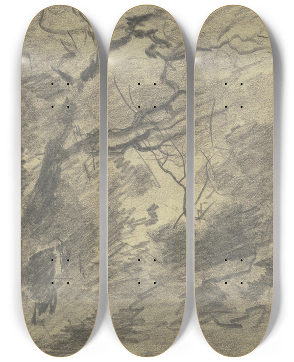 Triptych art skateboard deck of Anton Burger Waldpartie Bei Der Brgelhhe by Anton Burger (1824-1905)