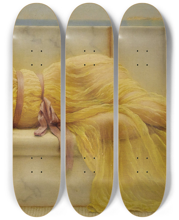 Triptych art skateboard deck of John William Godward Girl In Yellow Drapery by John William Godward (1861-1922)