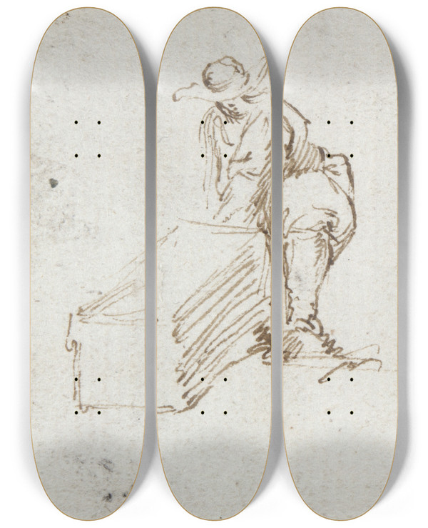 Triptych art skateboard deck of Stefano Della Bella Three Figurestudies 17Thcentury by Stefano Della Bella (1610-1664)