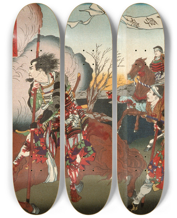 Triptych art skateboard deck of Tsukioka Yoshitoshi The Death Of Officer Murata by Tsukioka Yoshitoshi (1839-1892)