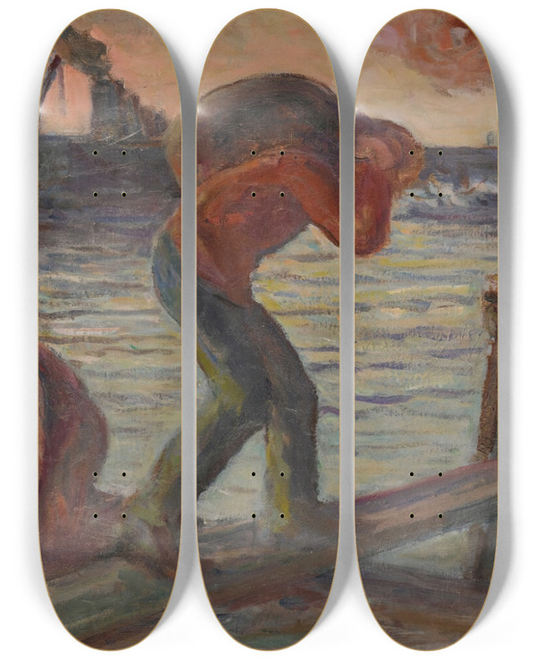 Triptych art skateboard deck of Maximilien Luce Le Dchargement De La Pniche by Maximilien Luce (1858-1941)