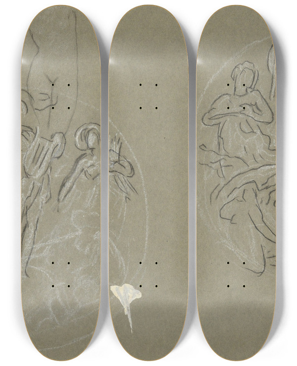 Triptych art skateboard deck of Elihu Vedder Sheet Of Studies For Huntingtonceiling by Elihu Vedder (1836-1923)