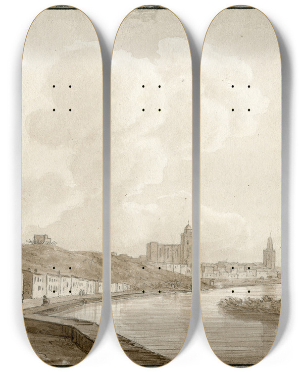 Triptych art skateboard deck of Otto Howen Gezicht Op Gerona_1 by Otto Howen (1774-1848)