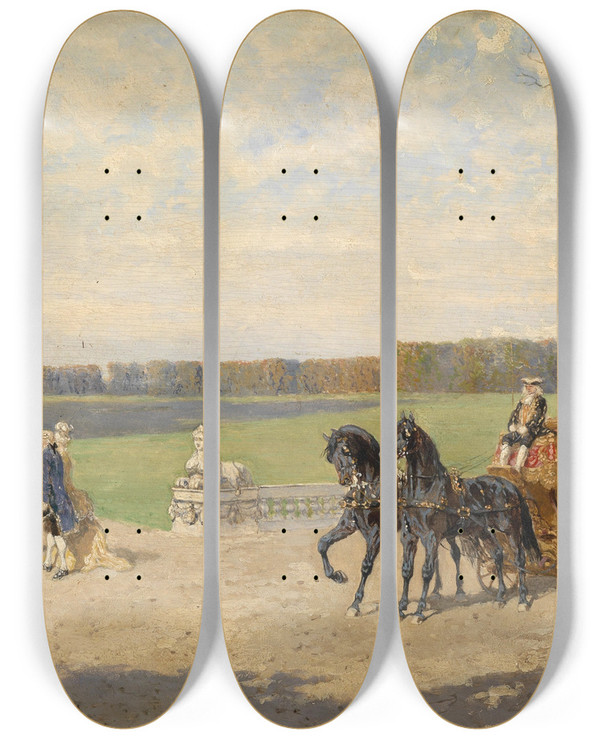 Triptych art skateboard deck of Alexander Von Bensa Ausfahrt Vor Dem Schloss by Alexander Von Bensa (1820-1902)