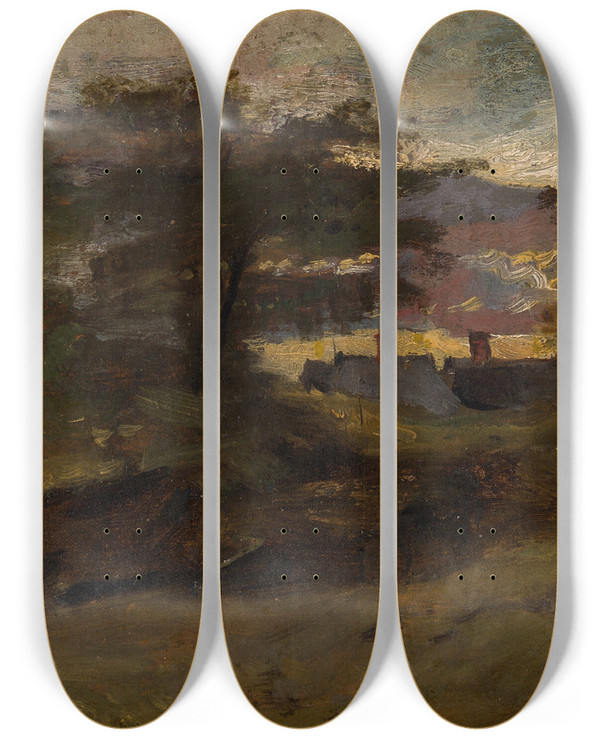 Triptych art skateboard deck of John Constable Landscape With Cottages by John Constable (1776-1837)