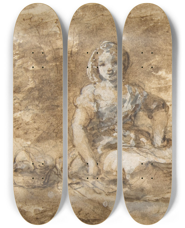 Triptych art skateboard deck of Francesco Zuccarelli Seated Girl In A Landscape by Francesco Zuccarelli (1702-1788)
