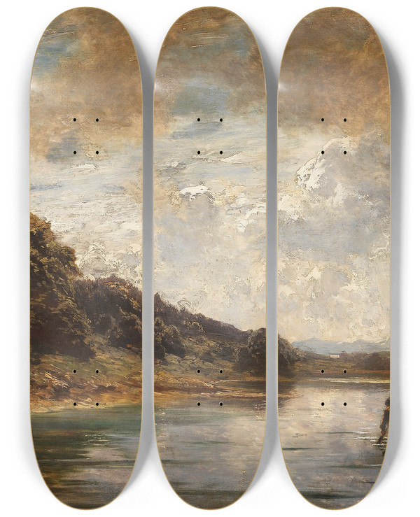 Triptych art skateboard deck of Eduard Schleich The Younger Abendliche Berfahrt by Eduard Schleich The Younger (1853-1893)