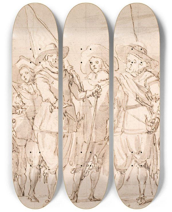Triptych art skateboard deck of Thomas De Keyser Officers And Other Civic Guardsmen Of The Iiird District Of Amsterdam Under The Command Of Captain Allaert Cloeck And Lieutenant Lucas Jacobsz Rotgans by Thomas de Keyser (1596-1667)