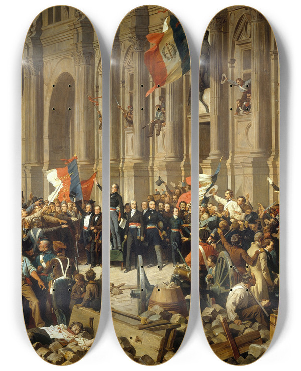 Triptych art skateboard deck of Henri Flix Emmanuel Philippoteaux Lamartine Refusant Le Drapeau Rouge Devant Lhtel De Ville by Henri Felix Emmanuel Philippoteaux (1815-1884)