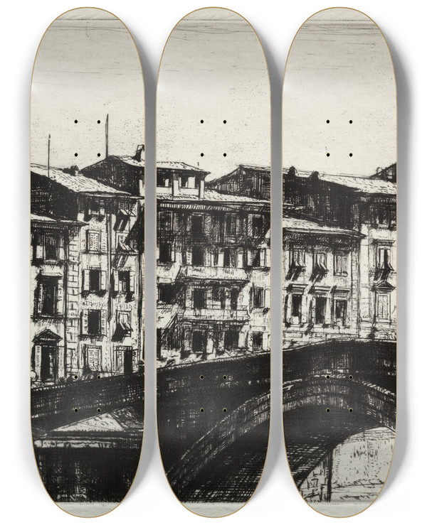 Triptych art skateboard deck of Francis Dodd Ponte Di Mezzo Pisa by Francis Dodd (1874-1949)