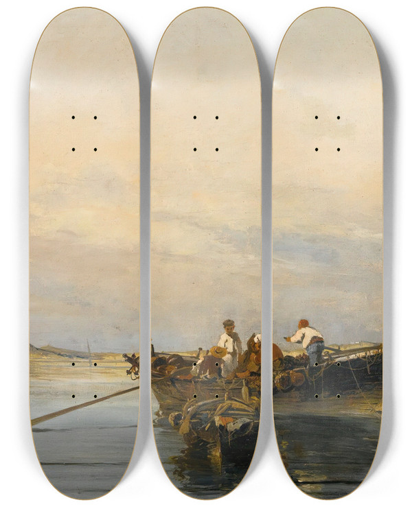 Triptych art skateboard deck of Constantinos Volanakis On Calm Waters by Konstantinos Volanakis (1837-1907)