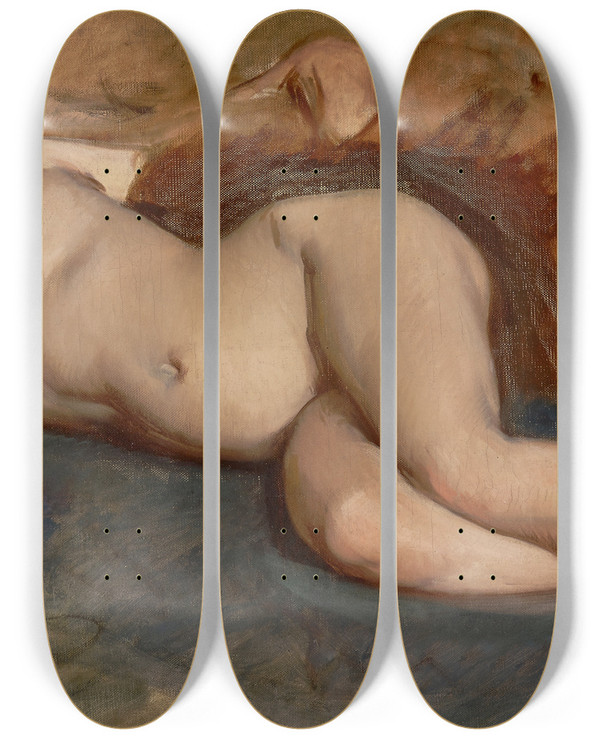 Triptych art skateboard deck of Frank Duveneck Reclining Nude by Frank Duveneck (1848-1919)