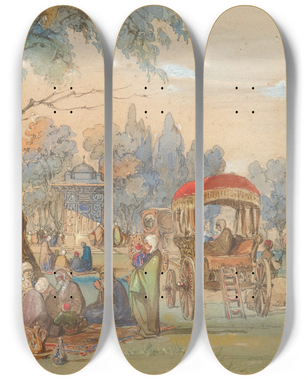Triptych art skateboard deck of Amadeo Preziosi A Party At The Sweet Waters Of The Bosphorus Constantinople by Amadeo Preziosi (1816-1882)