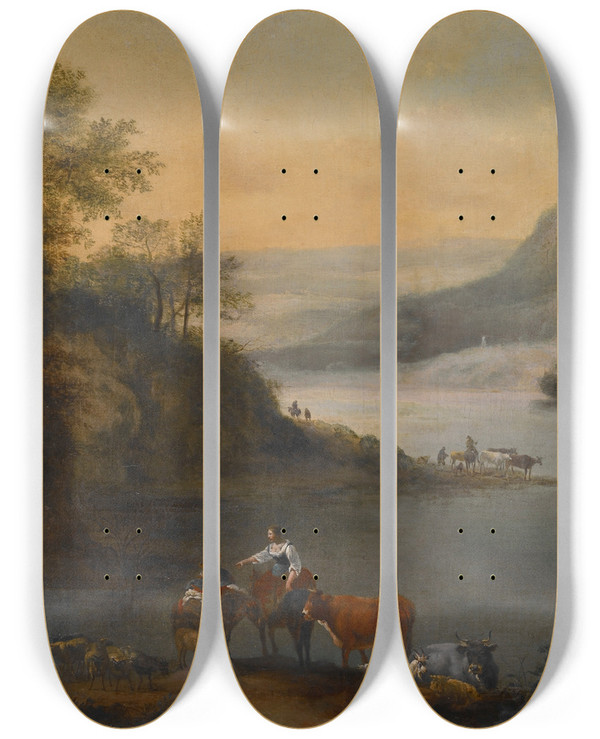Triptych art skateboard deck of Robert Griffier Landscape With Animals by Robert Griffier (1688-1750)