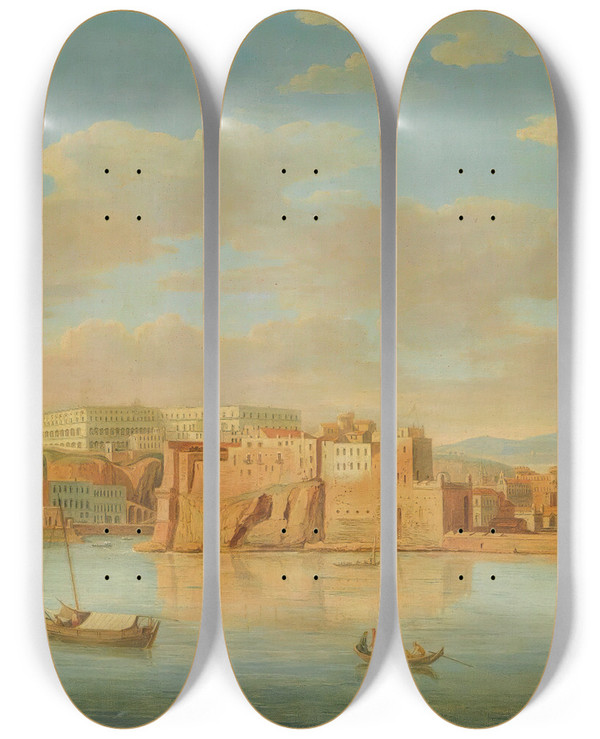 Triptych art skateboard deck of Hendrik Frans Van Lint Naples A View Of Santa Lucia And The Castel Dellovo by Hendrik Frans Van Lint (1684-1763)