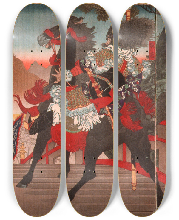 Triptych art skateboard deck of Tsukioka Yoshitoshi Zhang Fei On The Long Sloped Bridge Turning Away One Million Wei Troops With A Powerful Stare by Tsukioka Yoshitoshi (1839-1892)