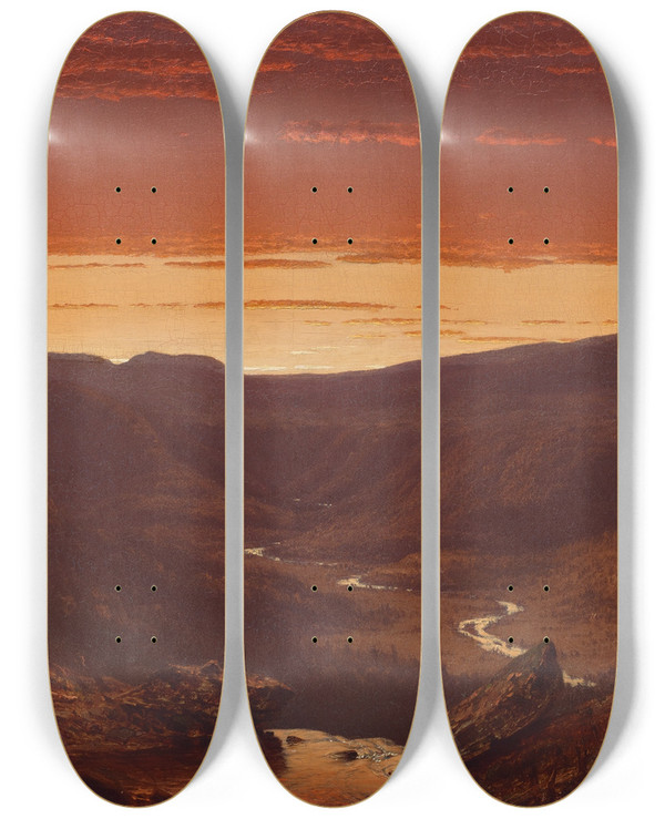 Triptych art skateboard deck of Sanford Robinson Gifford Twilight In Thecatskills by Sanford Robinson Gifford (1823-1880)