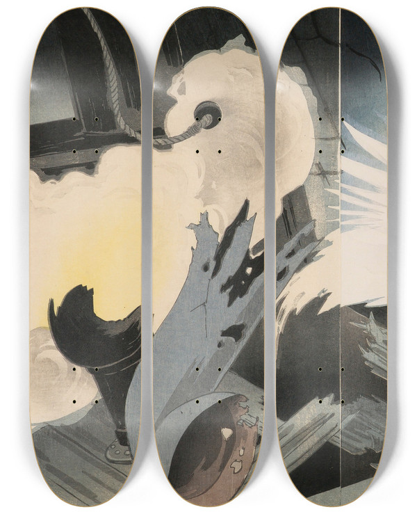 Triptych art skateboard deck of Kobayashi Kiyochika Naval Commander Hirose Takeo by Kobayashi Kiyochika (1847-1915)