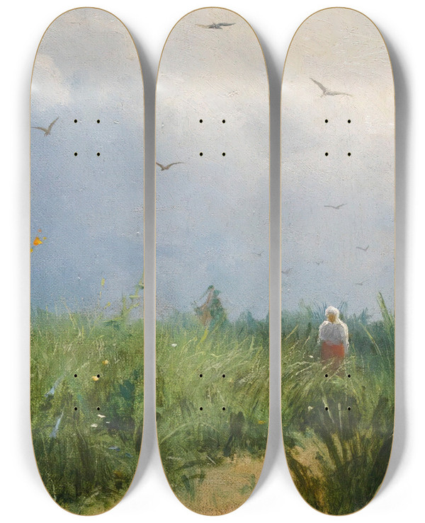 Triptych art skateboard deck of Grigory Grigorievich Myasoedov In The Field by Grigory Grigorievich Myasoedov (1834-1911)