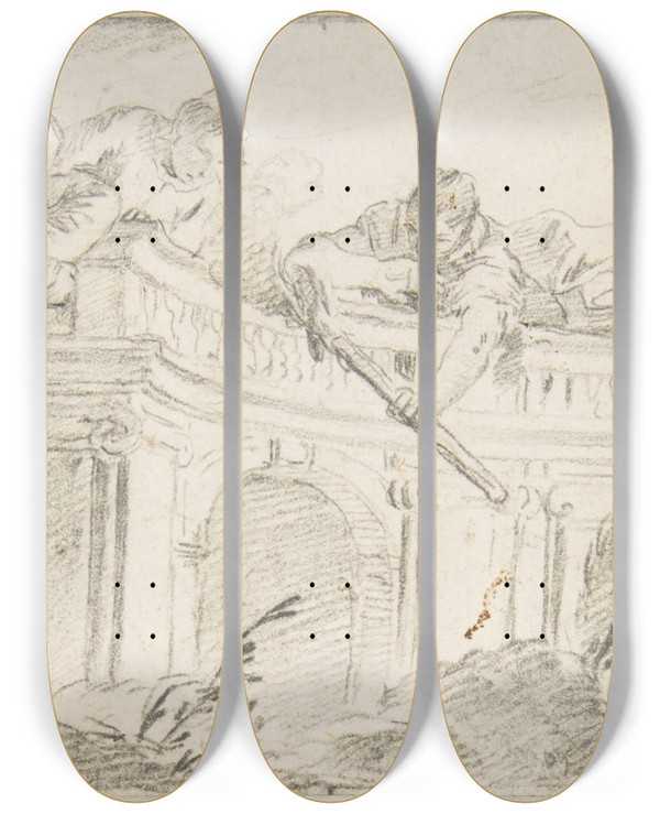 Triptych art skateboard deck of Giovanni Battista Tiepolo Scene Of Men Disposing Of Corpse In A Garden by Giovanni Battista Tiepolo (1696-1770)