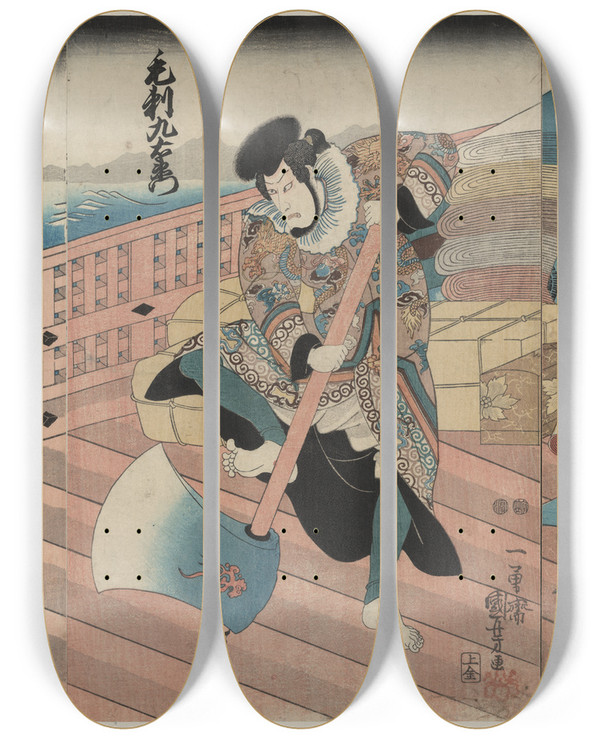 Triptych art skateboard deck of Utagawa Kuniyoshi Hakata Kojor Kezori Kuemon Komatsuya Sshichi by Utagawa Kuniyoshi (1797-1861)