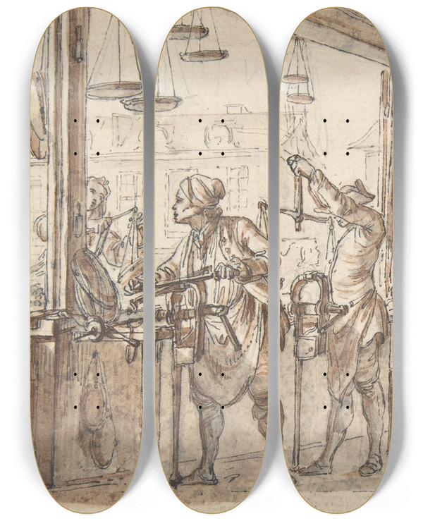 Triptych art skateboard deck of Jean Michel Moreau The Younger The Maker Of Scales by Jean Michel Moreau The Younger (1741-1814)