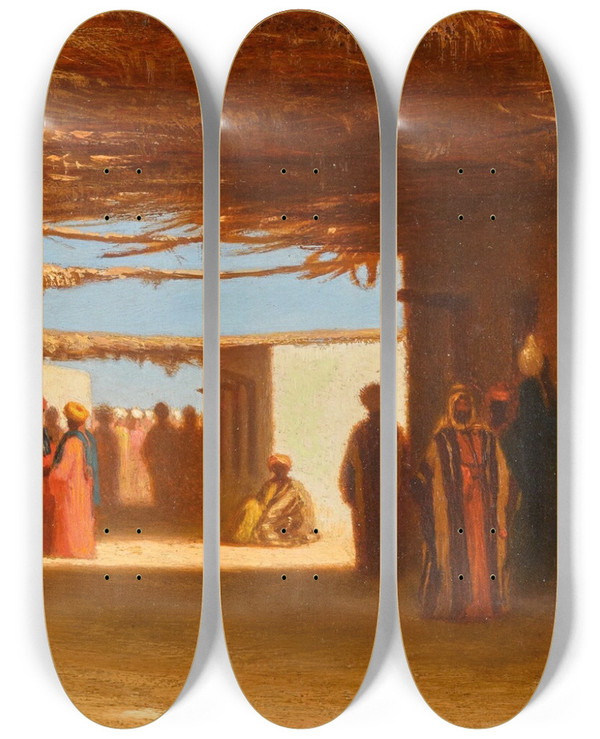 Triptych art skateboard deck of Charles Thodore Frre A Bazaar In Cairo by Charles Theodore Frere (1814-1888)