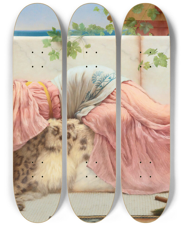 Triptych art skateboard deck of John William Godward When The Heart Is Young by John William Godward (1861-1922)