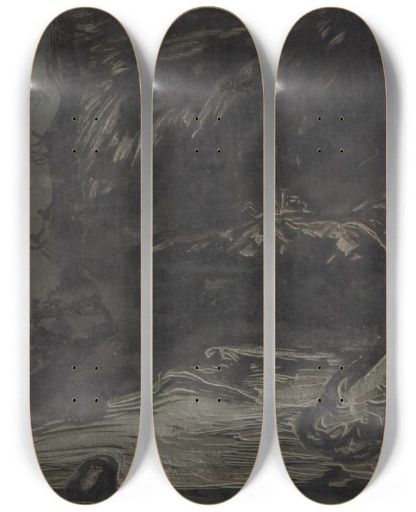 Triptych art skateboard deck of Jn Novk Krajina S Tovrou Lino by Jan Novak (1921-1944)