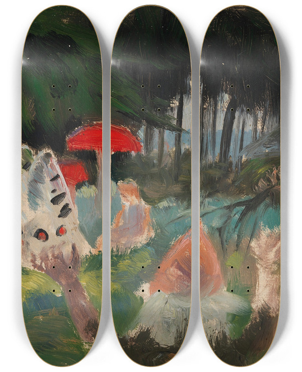 Triptych art skateboard deck of Torsten Wasastjerna The Princess And A Butterfly Underneath A Fly Agaric Sketch For The Painitng Farity Tale Princess by Torsten Wasastjerna (1863-1924)