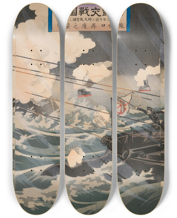 Triptych art skateboard deck of Watanabe Nobukazu Pictures Of The Russojapanese Conflict Number Four Second Attack On Port Arthur At 300 Am On February 13 During A Snowstorm by Watanabe Nobukazu (1872-1944)