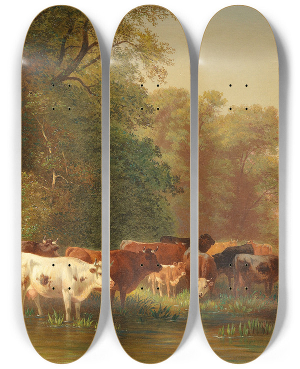 Triptych art skateboard deck of Friedrich Voltz Mittagsrast Des Viehhirten Am Seeufer by Friedrich Voltz (1817-1886)