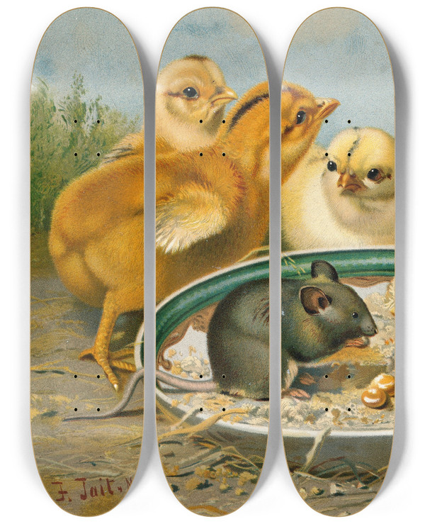 Triptych art skateboard deck of Arthur Fitzwilliam Tait The Intruder by Arthur Fitzwilliam Tait (1819-1905)