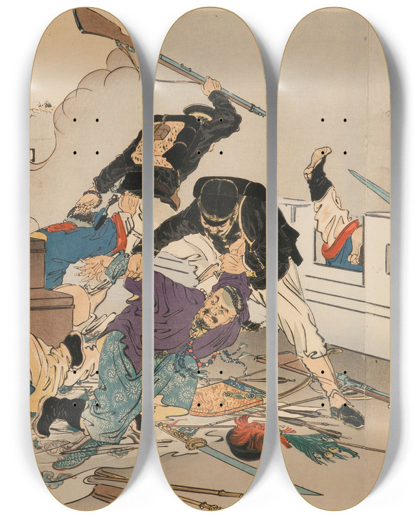 Triptych art skateboard deck of Gata Gekk Sinojapanese War Japanese Forces At The Victorious Capture Of Pyeongyang by Ogata Gekko (1859-1920)