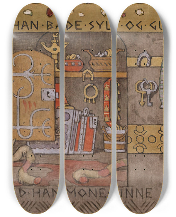 Triptych art skateboard deck of Gerhard Munthe Smund Bringing Home Silver And Gold by Gerhard Munthe (1849-1929)