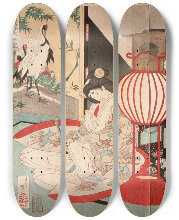 Triptych art skateboard deck of Tsukioka Yoshitoshi A Woman Saving The Nation A Chronicle Of Great Peace by Tsukioka Yoshitoshi (1839-1892)