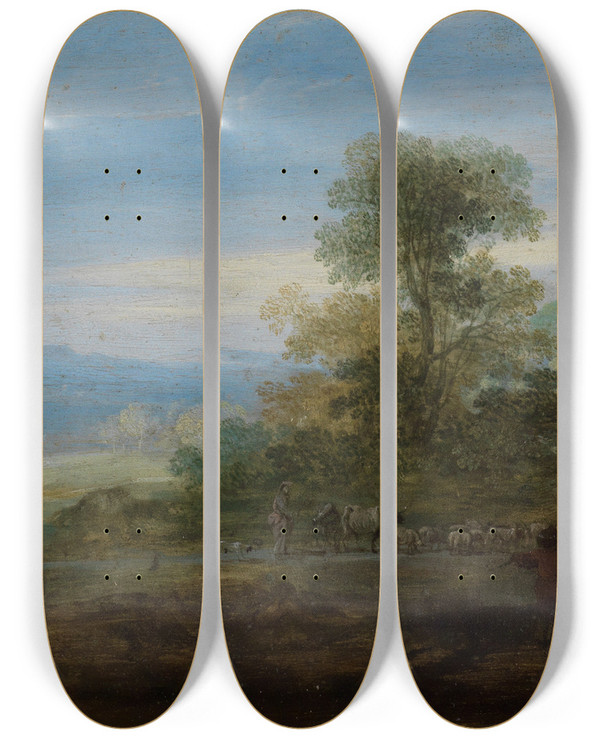 Triptych art skateboard deck of Bartholomeus Breenbergh Italian Landscape With Ancient Ruins by Bartholomeus Breenbergh (1598-1657)