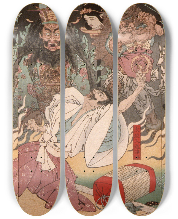 Triptych art skateboard deck of Tsukioka Yoshitoshi The Fever Of Taira No Kiyomori by Tsukioka Yoshitoshi (1839-1892)