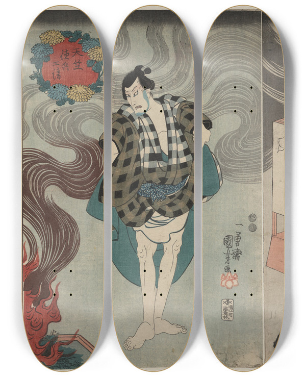 Triptych art skateboard deck of Utagawa Kuniyoshi Tamashima Itt Tenjiku Tokubei Tsukimoto Inabanosuke by Utagawa Kuniyoshi (1797-1861)