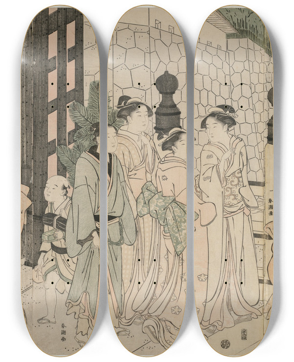 Triptych art skateboard deck of Katsukawa Shunch A Thousand Autumns Ten Thousand Years On Tokiwa Bridge by Katsukawa Shuncho (1783-1795)