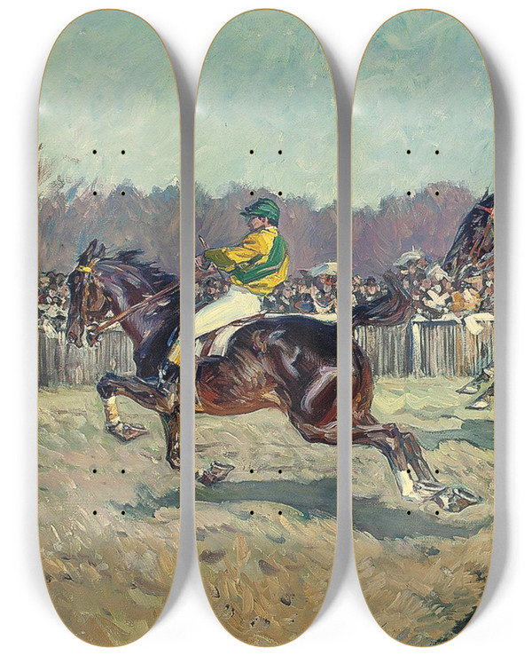 Triptych art skateboard deck of Angelo Jank A Day At The Races by Angelo Jank (1868-1940)