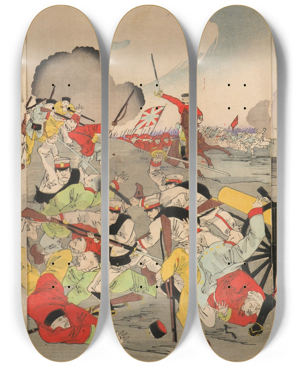 Triptych art skateboard deck of Toyohara Chikanobu The Fall Of Beijing by Toyohara Chikanobu (1838-1912)