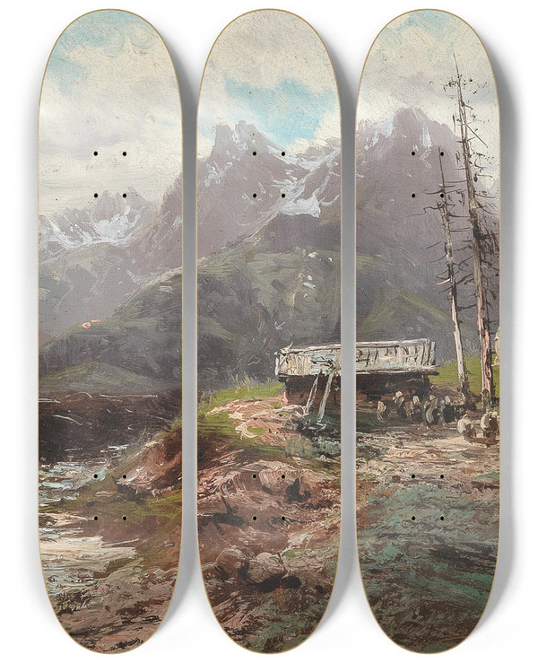 Triptych art skateboard deck of Alfred Godchaux A Wild Mountain Landscape by Alfred Godchaux (1835-1895)
