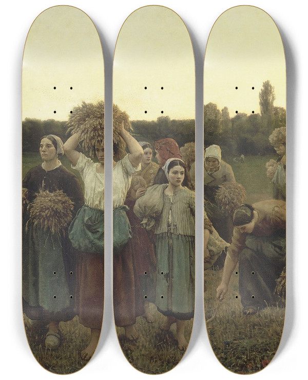 Triptych art skateboard deck of Jules Breton Calling In The Gleaners by Jules Breton (1827-1906)